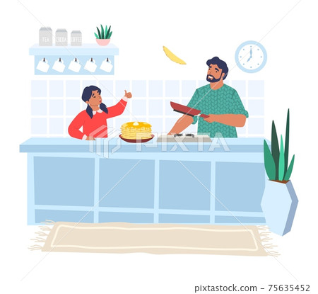 Happy father cooking pancakes with daughter in kitchen, flat vector illustration. Parent and child relationship. Happy father cooking pancakes with daughter in kitchen, flat vector illustration. Parent and child relationship. 75635452