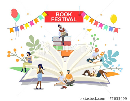 Book festival poster banner vector template. People reading books. Literature event. 75635499