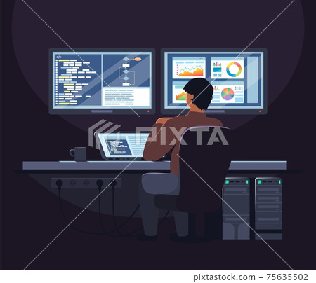 System administrator, software developer working on laptop computer in office, flat vector illustration. 75635502