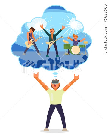 Boy playing virtual guitar in vr glasses together with rock music band, flat vector isolated illustration. Boy playing virtual guitar in vr glasses together with rock music band, flat vector isolated illustration. 75635509