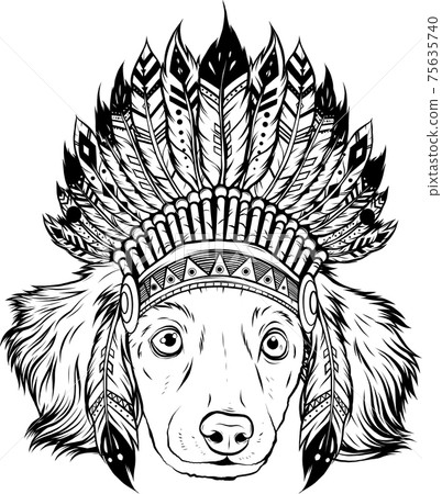 draw in black and white of head dog with traditional Indian hat, vector illustration 75635740