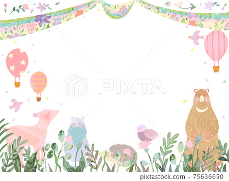 Scandinavian cute frame illustration vector material with forest animals, ribbons and balloons Scandinavian cute frame illustration vector material with forest animals, ribbons and balloons 75636650