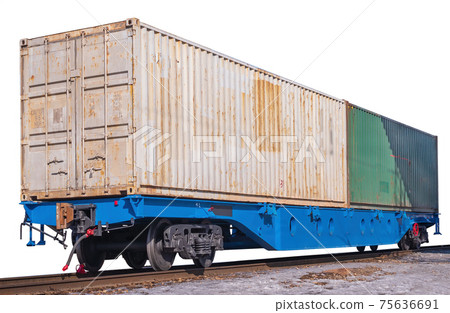 A 80-fts Idler flatcars with a two of intermodal 40-fts long containers isolated on the white background. A 80-fts Idler flatcars with a two of intermodal 40-fts long containers isolated on the white background. 75636691