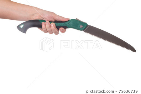 Man holding a lopper saw in hand on a white background, close-up, isolate Man holding a lopper saw in hand on a white background, close-up, isolate 75636739