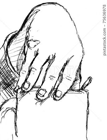 Croquis on the right hand and mug 75636978