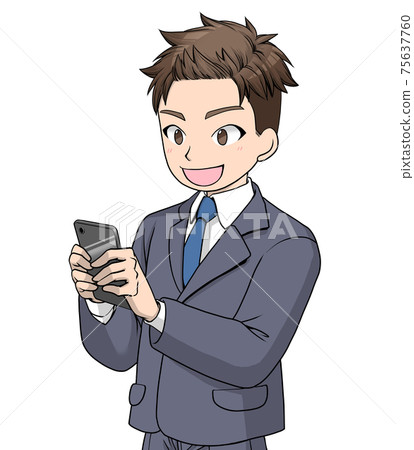 穿著西裝看著黑色的智能手機，帶著微笑的男人 75637760
