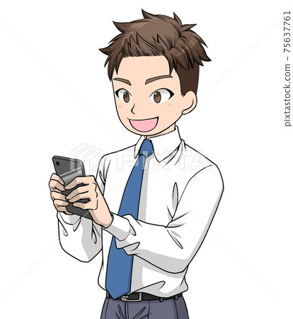 A man wearing a shirt and tie looking at a black smartphone with a smile 75637761