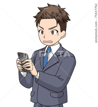 一個穿著西裝的男人看著一個尷尬的臉的黑色智能手機 75637762