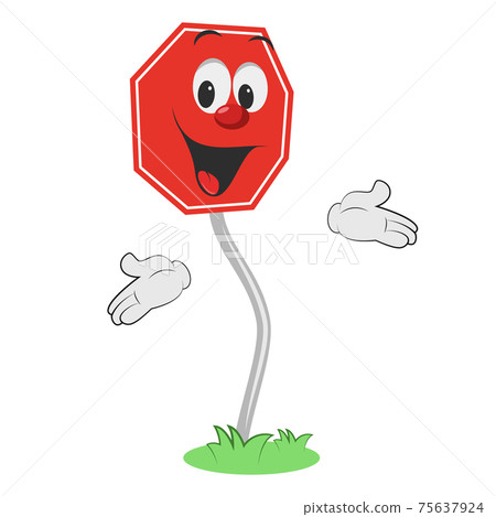 Cartoon character of a octagonal traffic signal in red, isolated on white background. Mandatory Stop. 75637924