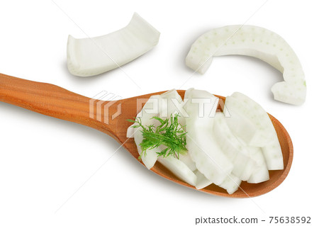 fresh fennel bulb slices in wooden spoon isolated on white background with clipping path . Top view. Flat lay fresh fennel bulb slices in wooden spoon isolated on white background with clipping path . Top view. Flat lay 75638592