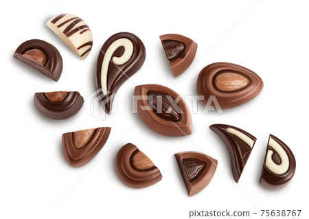 Chocolate candy isolated on white background with clipping path and full depth of field. Top view. Flat lay. Set or collection Chocolate candy isolated on white background with clipping path and full depth of field. Top view. Flat lay. Set or collection 75638767