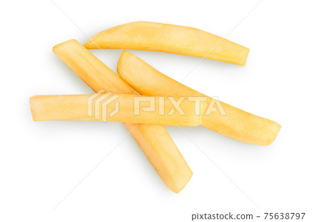 French fries or fried potatoes isolated on white background with clipping path and full depth of field. Top view. Flat lay French fries or fried potatoes isolated on white background with clipping path and full depth of field. Top view. Flat lay 75638797