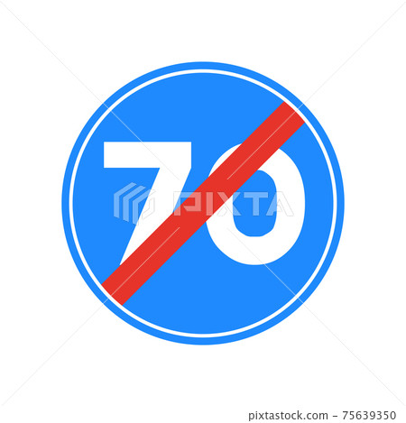 Rounded traffic signal in blue, red and white, isolated on white background. End of minimum speed of seventy Rounded traffic signal in blue, red and white, isolated on white background. End of minimum speed of seventy 75639350