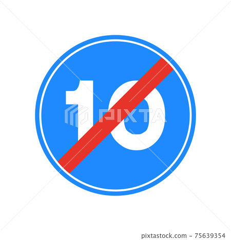 Rounded traffic signal in blue, red and white, isolated on white background. End of minimum speed of ten Rounded traffic signal in blue, red and white, isolated on white background. End of minimum speed of ten 75639354