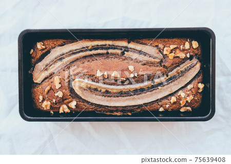 Freshly baked homemade gluten free banana bread cake. Freshly baked homemade gluten free banana bread cake. 75639408