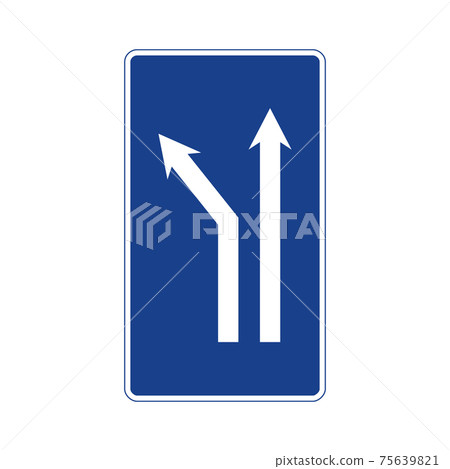 Rectangular traffic signal in blue and white, isolated on white background. Fork to the left on a two-lane road Rectangular traffic signal in blue and white, isolated on white background. Fork to the left on a two-lane road 75639821