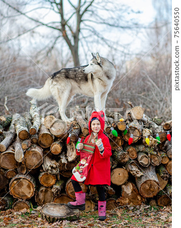 Little girl and boy play and eat cookies at the Christmas tree outdoors. 75640550