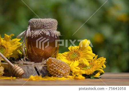 Sweet honey, pieces of combs and honey dipper. Copy space for insert text 75641058