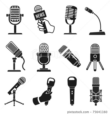 Microphone silhouette. Modern and old vintage mic icons. Music or podcast recording. Logo element for karaoke and radio broadcast vector set 75641160