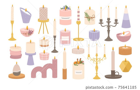Candles in candlesticks. Vintage old candelabras and modern candlestick. Decorative burning candle in holder. Candlelight flame vector set Candles in candlesticks. Vintage old candelabras and modern candlestick. Decorative burning candle in holder. Candlelight flame vector set 75641185