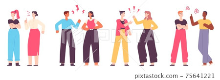 Angry people. Conflict or arguing between family, colleagues or couple. Aggressive man and woman quarrel. Parent scolds teenager vector set 75641221