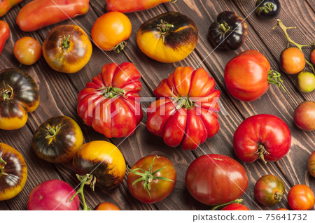 Many tomatoes on wooden table. Fresh ripe favorite organic garden tomatoes on wooden table. 75641732