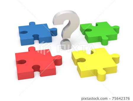 3D puzzle and question mark. Concept solution. 75642376