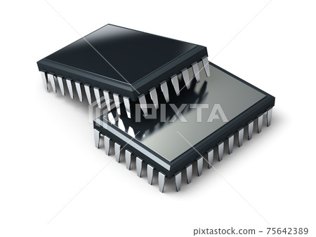 Two microchips isolated on white background. High resolution 3d render. Two microchips isolated on white background. High resolution 3d render. Family of microchips. Generation of processors. 75642389