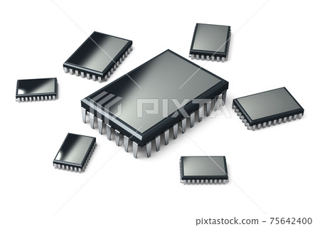 Different microchips isolated on white background. High resolution 3d render. Family of microchips. Generation of processors. 75642400