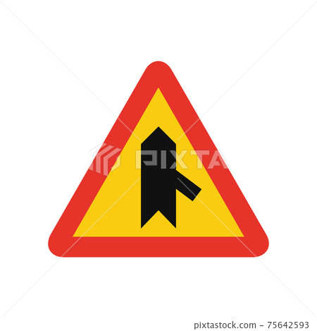 Triangular traffic signal in yellow and red, isolated on white background. Temporary warning of sharp junction on the right Triangular traffic signal in yellow and red, isolated on white background. Temporary warning of sharp junction on the right 75642593
