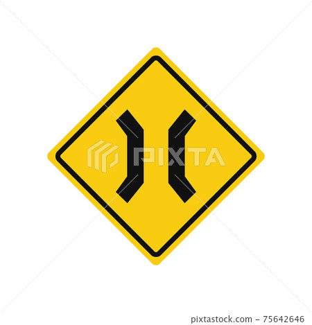 Rhomboid traffic signal in yellow and black, isolated on white background. Warning of road narrowing Rhomboid traffic signal in yellow and black, isolated on white background. Warning of road narrowing 75642646