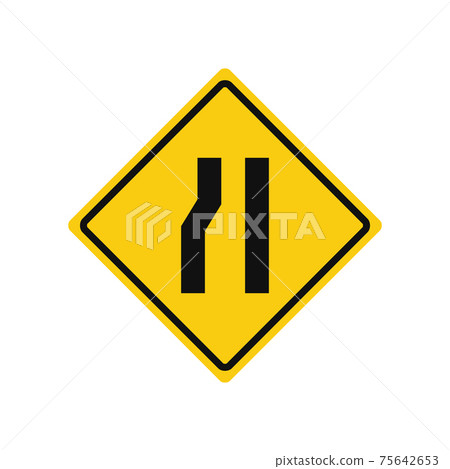 Rhomboid traffic signal in yellow and black, isolated on white background. Warning of narrow road ahead on left side 75642653