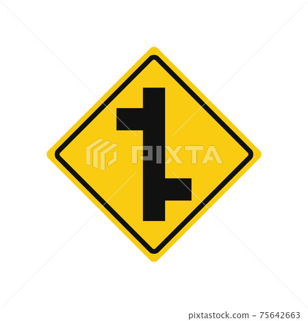 Rhomboid traffic signal in yellow and black, isolated on white background. Warning of side roads on right and left, consecutively Rhomboid traffic signal in yellow and black, isolated on white background. Warning of side roads on right and left, consecutively 75642663