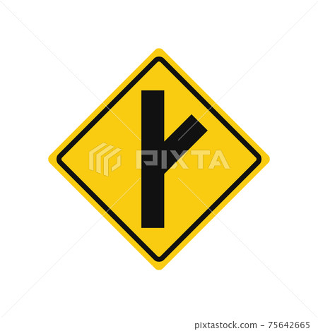 Rhomboid traffic signal in yellow and black, isolated on white background. Warning of side road on the right at a acute angle Rhomboid traffic signal in yellow and black, isolated on white background. Warning of side road on the right at a acute angle 75642665