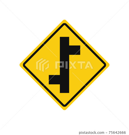 Rhomboid traffic signal in yellow and black, isolated on white background. Warning of side roads on left and right, consecutively Rhomboid traffic signal in yellow and black, isolated on white background. Warning of side roads on left and right, consecutively 75642666