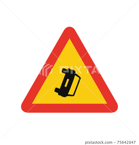 Triangular traffic signal in yellow and red, isolated on white background. Temporary warning of roadway obstruction 75642847