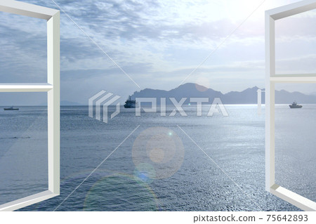Panoramic window overlooking in ocean with ships. Domestic concept 75642893