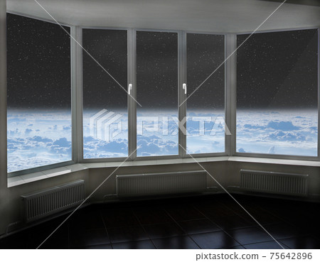 Room window with view to space above Earth's atmosphere and cosmos 75642896