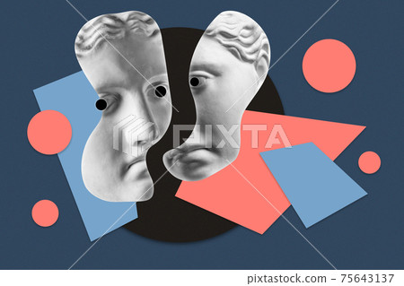 Collage with sculpture of human face in a pop art style. Modern creative concept image with ancient statue head. Zine culture. Contemporary art poster. Funky punk minimalism. Retro surreal design. 75643137