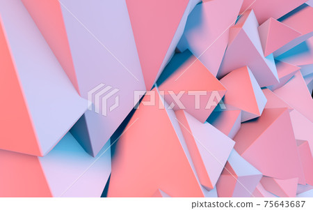 Abstract background with 3D shapes flying in pink and blue light as a messy array or chaotic structure for any pastel colored backdrop. 3D illustration 75643687