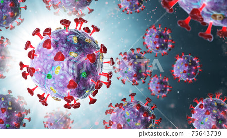 3d render of pathogenic virus organism or bacteria infecting and causing disease. Close up from microscope of coronavirus. 75643739
