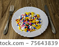 A bunch of pills on a plate 75643839
