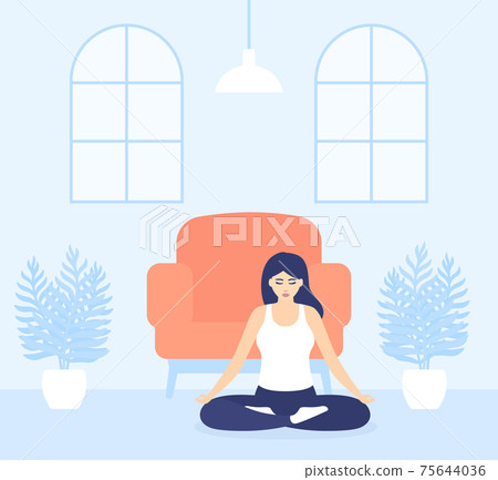 yoga exercise, girl meditates at home, vector yoga exercise, girl meditates at home, vector 75644036