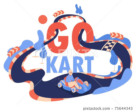 Go kart concept illustration drawn in orange and blue. Vector illustration with character in car in helmet, track and trees with lettering for active lifestyle and races Go kart concept illustration drawn in orange and blue. Vector illustration with character in car in helmet, track and trees with lettering for active lifestyle and races 75644343