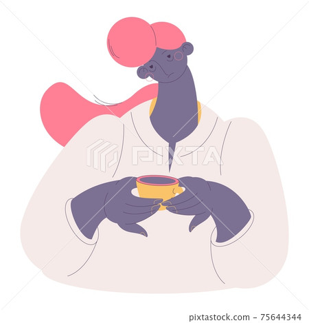 Black woman with pink hair with insomnia holding cup of coffee. Lack of sleep and wrong time management concept illustration Black woman with pink hair with insomnia holding cup of coffee. Lack of sleep and wrong time management concept illustration 75644344