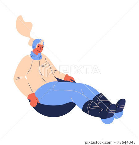 Woman riding down while wok racing winter activity isolated on white. Vector female character sledding and smiling, in helmet with long hair Woman riding down while wok racing winter activity isolated on white. Vector female character sledding and smiling, in helmet with long hair 75644345