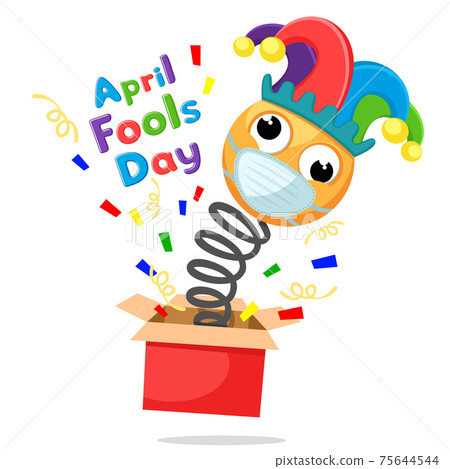 A smiley in a medical mask jumps out of a box. April Fools Day 75644544