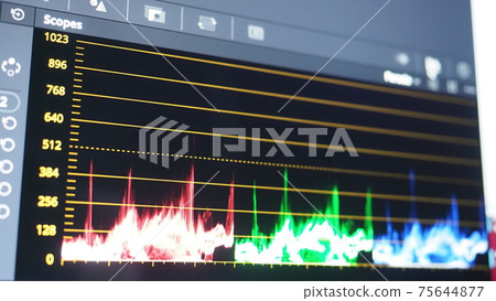 Color grading graph or RGB colour correction indicator on monitor in post production process. Telecine stage in video or film production processing. for colorist edit or adjust color on digital movie. 75644877