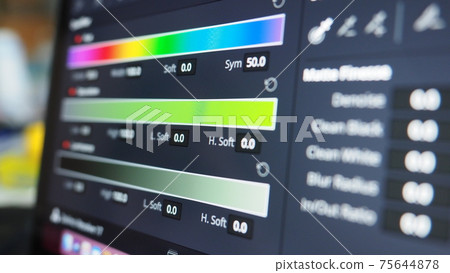 Color grading graph or RGB colour correction indicator on monitor in post production process. Telecine stage in video or film production processing. for colorist edit or adjust color on digital movie. 75644878