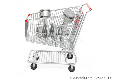 Shopping cart with engine pistons. 3D rendering 75645213